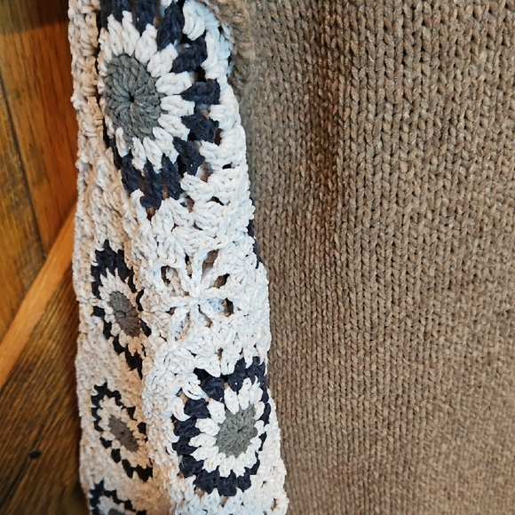 281 Neutral Brown Crewneck Sweater with Cream & Black Crochet Sleeves - Picture 3 of 8